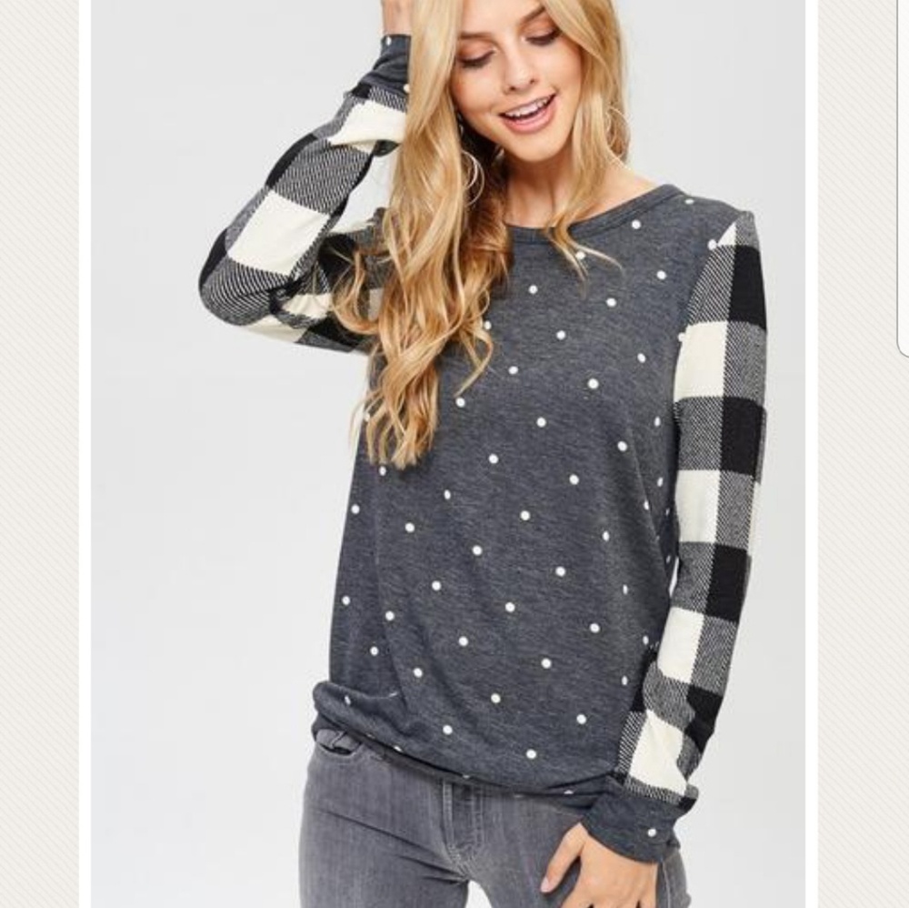 Polka Dot Top with Buffalo Check Sleeves